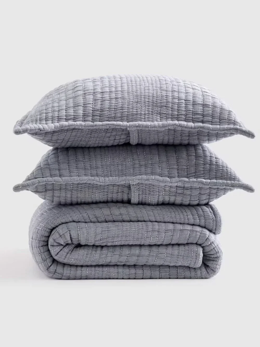 NWT Quince Organic Cotton Channel Stitch Coverlet Set, King / Cal King, Blue